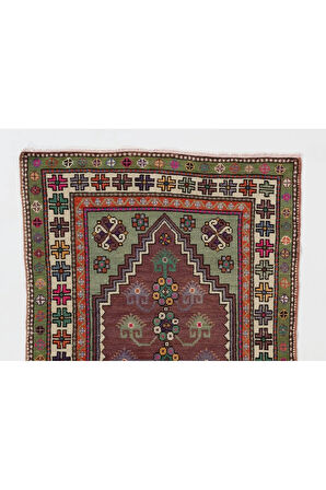 130x160 cm El Yapımı Eski Türk Köy Halısı, Eşsiz El Dokuma Halı