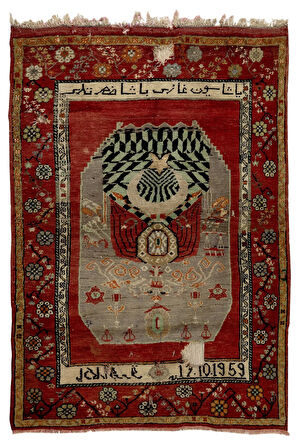 130x175 cm 1959 Tarihli, Osmanlıca Yazılı Yarı Antika Alan Halısı, Eski Halı