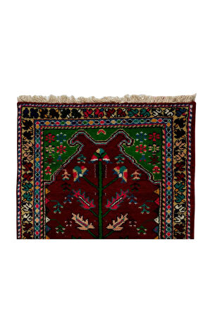 90x137 cm Bordo, Bej, Mavi ve Pembe Renkli Eski El Yapımı Halısı, El Düğümlü Halı