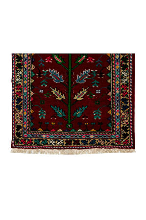 90x137 cm Bordo, Bej, Mavi ve Pembe Renkli Eski El Yapımı Halısı, El Düğümlü Halı
