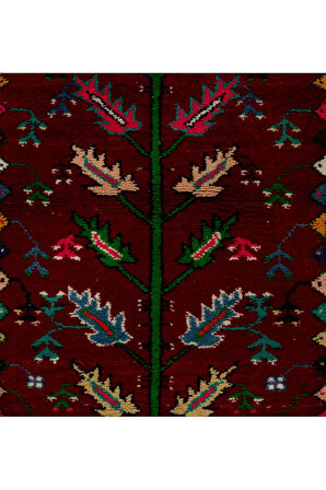 90x137 cm Bordo, Bej, Mavi ve Pembe Renkli Eski El Yapımı Halısı, El Düğümlü Halı