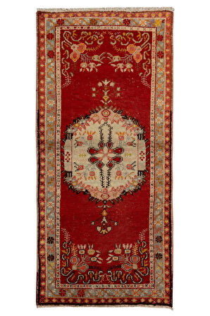 83x175 cm Kırmızı ve Bej Orta Yüzyıldan El Yapımı Eski Halı