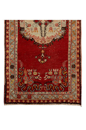 83x175 cm Kırmızı ve Bej Orta Yüzyıldan El Yapımı Eski Halı