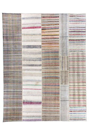 380x500 cm Eski Dekoratif El Dokuması Kilim, %100 Pamuk Çaput, Büyük Ölçü ve Çizgi Desenli Kilim