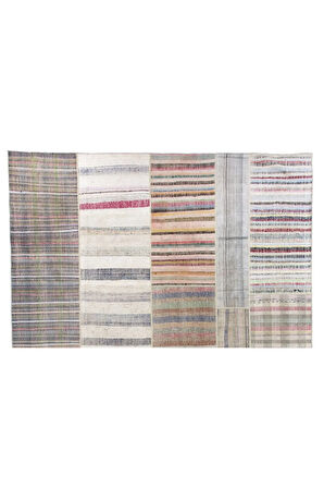 380x500 cm Eski Dekoratif El Dokuması Kilim, %100 Pamuk Çaput, Büyük Ölçü ve Çizgi Desenli Kilim