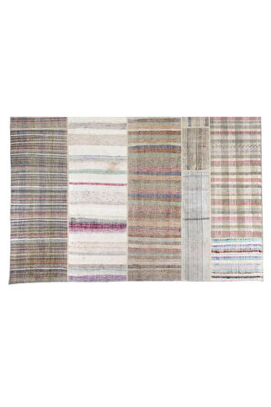 380x500 cm Eski Dekoratif El Dokuması Kilim, %100 Pamuk Çaput, Büyük Ölçü ve Çizgi Desenli Kilim