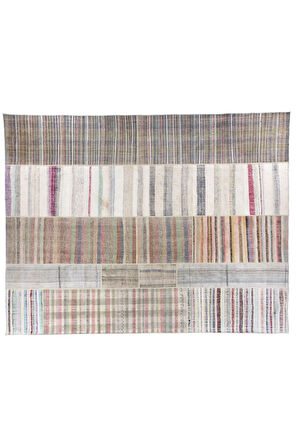 380x500 cm Eski Dekoratif El Dokuması Kilim, %100 Pamuk Çaput, Büyük Ölçü ve Çizgi Desenli Kilim