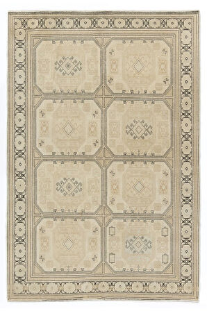 148x224 cm Nötr Renklerle Eşsiz El Düğümlü Türk Uşak Halı, Eski El Yapımı Alan Halısı