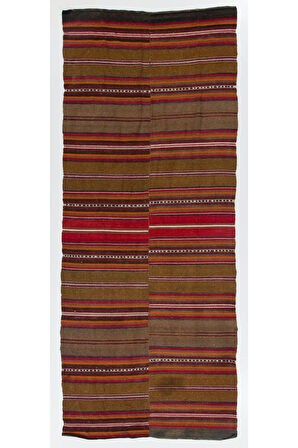 130x320 cm Çizgili Eski Anadolu Kilim Halı. %100 Yün, Düz Dokuma Zemin Kaplaması