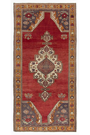 174x359 cm Geleneksel Kırmızı ve Mavi Renklerinde Eşsiz Eski El Yapımı Türk Halısı