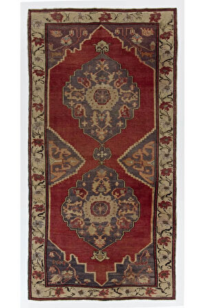 156x310 cm El Dokuması Köy'de Yapılmış Eski Halı. %100 Yün. Kırmızı, Gri, Bej
