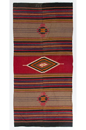 133x283 cm Eski Dekoratif Kilim, Düz Dokuma Yün Halı