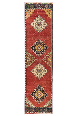 95x366 cm El Dokuma Eski Orta Anadolu Yolluk Halısı, Eşsiz Dekoratif Koridor Halısı, Hol Halı