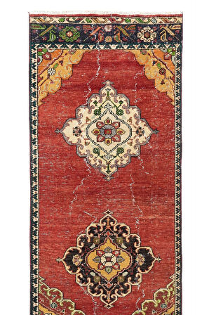 95x366 cm El Dokuma Eski Orta Anadolu Yolluk Halısı, Eşsiz Dekoratif Koridor Halısı, Hol Halı