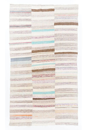 195x345 cm Yumuşak Renklerde Çizgi Desenli Eski El Dokuması Kilim. %100 Pamuk
