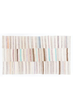 195x345 cm Yumuşak Renklerde Çizgi Desenli Eski El Dokuması Kilim. %100 Pamuk