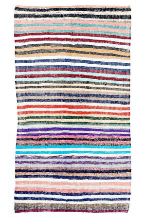 145x264 cm Eski Çizgili Pamuklu Kilim. Düz Dokuma Çaput Halı, Çok Renkli Kilim