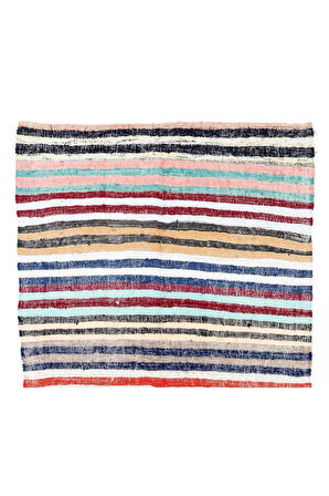 145x264 cm Eski Çizgili Pamuklu Kilim. Düz Dokuma Çaput Halı, Çok Renkli Kilim