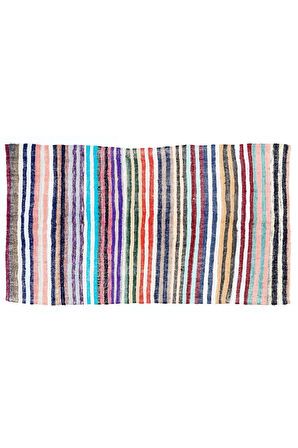 145x264 cm Eski Çizgili Pamuklu Kilim. Düz Dokuma Çaput Halı, Çok Renkli Kilim