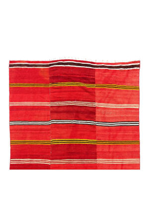 152x255 cm Canlı Kırmızı Renkte El Dokuması Çizgili Kilim. Geleneksel Halı Kilim