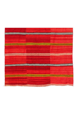 152x255 cm Canlı Kırmızı Renkte El Dokuması Çizgili Kilim. Geleneksel Halı Kilim
