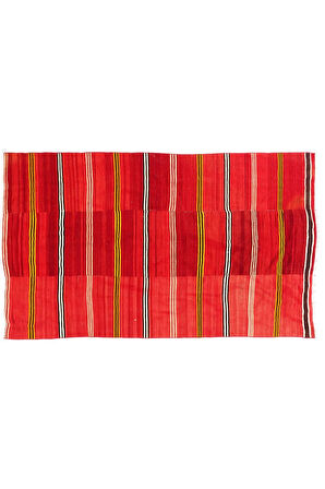152x255 cm Canlı Kırmızı Renkte El Dokuması Çizgili Kilim. Geleneksel Halı Kilim