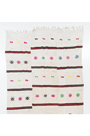 210x430 cm Pembe Yeşil Turuncu Mavi İşlemeli Eski Yün ve Pamuklu El Dokuması Kilim