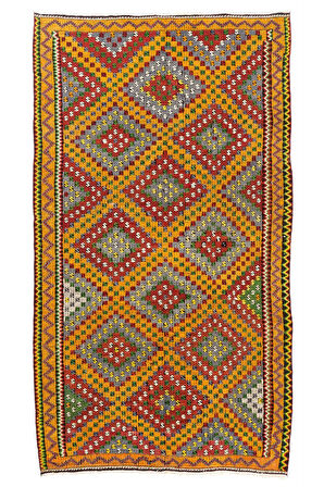 185x324 cm Göz kamaştırıcı Eski Kilim. Düz Dokuma Kilim. Kırmızı, Sarı, Yeşil, Gri Renklerde Kilim