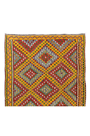185x324 cm Göz kamaştırıcı Eski Kilim. Düz Dokuma Kilim. Kırmızı, Sarı, Yeşil, Gri Renklerde Kilim