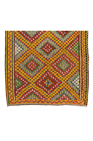 185x324 cm Göz kamaştırıcı Eski Kilim. Düz Dokuma Kilim. Kırmızı, Sarı, Yeşil, Gri Renklerde Kilim