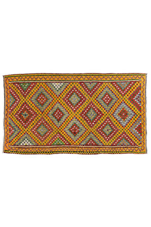 185x324 cm Göz kamaştırıcı Eski Kilim. Düz Dokuma Kilim. Kırmızı, Sarı, Yeşil, Gri Renklerde Kilim