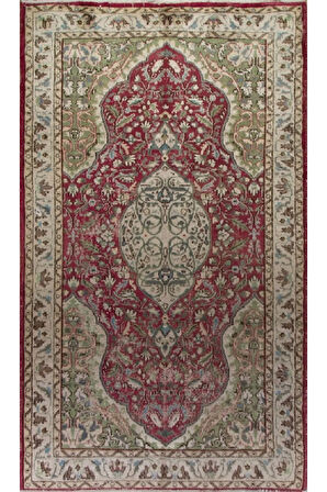 170x285 cm Kırmızı ve Yeşil Tonlarda Eski Oryantal Halı. El düğümlü yün halı. Yünlü Halı