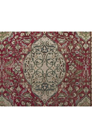 170x285 cm Kırmızı ve Yeşil Tonlarda Eski Oryantal Halı. El düğümlü yün halı. Yünlü Halı