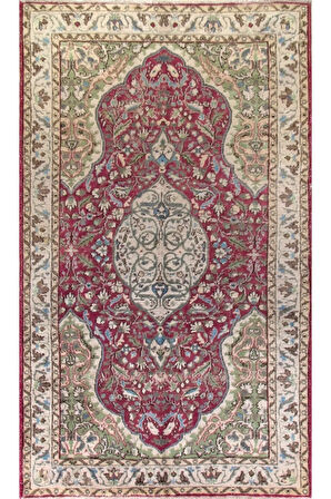 170x280 cm Kırmızı ve Yeşil Tonlarda Eski Oryantal Halı. El düğümlü yün halı. Yünlü Halı