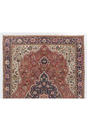 208x315 cm Oda Boyutunda Eski El Düğümlü Kırmızı ve Mavi Tonlarda Yünlü Halı