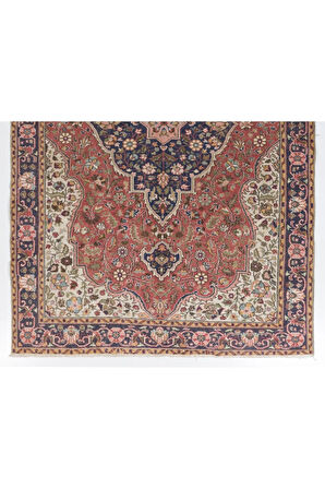 208x315 cm Oda Boyutunda Eski El Düğümlü Kırmızı ve Mavi Tonlarda Yünlü Halı