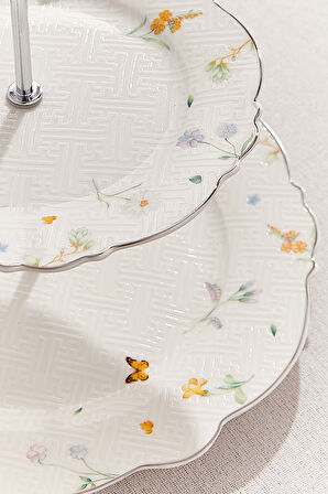 Petite Fleur Porselen Kek Tabağı 2 Katlı Sarı / Beyaz