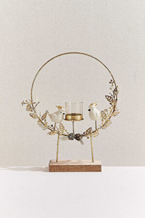 Kuşlu Çelenk Tealight Mumluk Gold