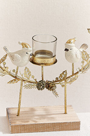 Kuşlu Çelenk Tealight Mumluk Gold
