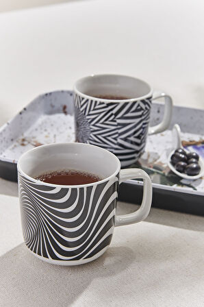 Opart 2 Porselen Kupa Siyah Beyaz