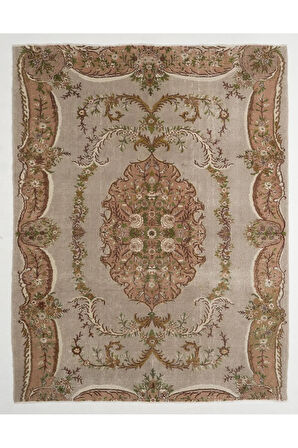 210x276 cm Aubusson'dan Esinlenen Eski Türk El Yapımı Yün Halı, Soluk Gül ve Gri Tonlarda