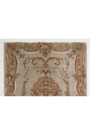 210x276 cm Aubusson'dan Esinlenen Eski Türk El Yapımı Yün Halı, Soluk Gül ve Gri Tonlarda