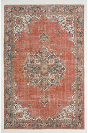 202x309 cm Eski El Düğümlü Türk Uşak Halı, Madalyonlu Kırmızı El Dokuması Halı