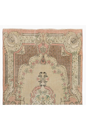 168x295 cm Aubusson'dan Esinlenmiş Eski El Yapımı Türk Halısı, Şeftali, Soluk Sarı Tonlarında