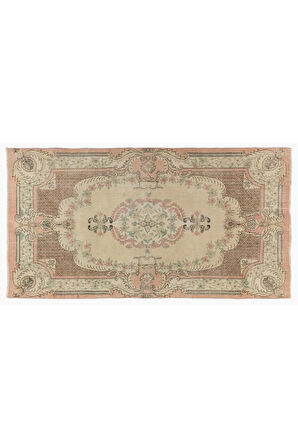168x295 cm Aubusson'dan Esinlenmiş Eski El Yapımı Türk Halısı, Şeftali, Soluk Sarı Tonlarında