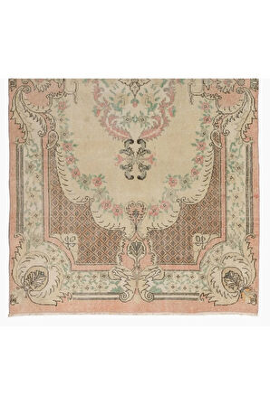 168x295 cm Aubusson'dan Esinlenmiş Eski El Yapımı Türk Halısı, Şeftali, Soluk Sarı Tonlarında