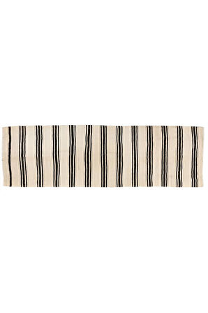 133x420 cm Krem ve Siyah Renklerinde Eski Çizgi Desenli Yolluk Kilim. %100 Yün. Çift Yönlü Kilim