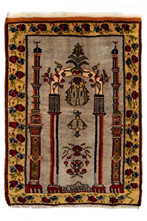 92x129 cm Kemerli Yol, Sütunlar ve Çiçekleri Betimleyen Eski Türk Seccadesi