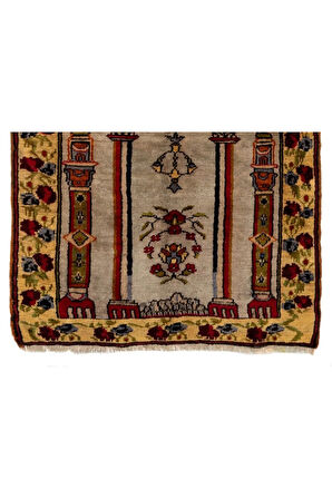 92x129 cm Kemerli Yol, Sütunlar ve Çiçekleri Betimleyen Eski Türk Seccadesi