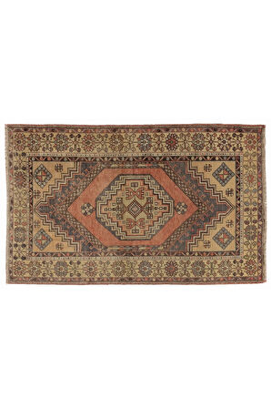 110x176 cm Geometrik Madalyon Desenli El Yapımı Eski Türk Köy Halısı